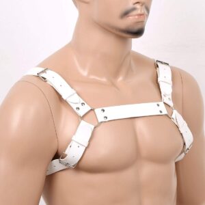 PU Leather Chest Harness Strong And Sturdy Shoulder Strap Body Comfortable Belt Punk Gothic Cosplay Clubwear Costume for Mens (White B)