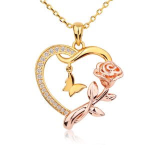 Alsanix Heart Butterfly Rose Necklace 14k Gold Plated Pendant Women's Heart Necklace, Birthday Jewelry Gifts