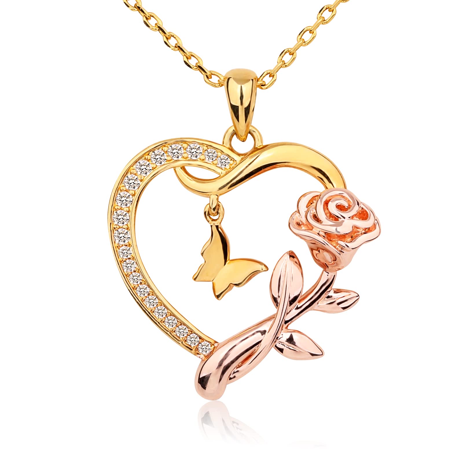 Alsanix Heart Butterfly Rose Necklace 14k Gold Plated Pendant Women's Heart Necklace, Birthday Jewelry Gifts