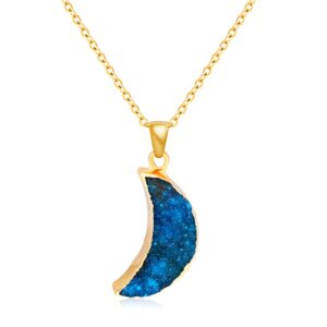 miss right healing crystal druzy crescent moon necklace for women, dainty minimalist bohemian cute chakra geode necklaces aesthetic (malachite blue)