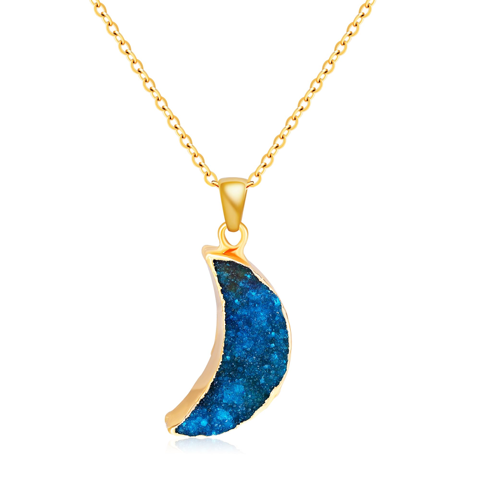 MISS RIGHT Healing Crystal Druzy Crescent Moon Necklace for Women, Dainty Minimalist Bohemian Cute Chakra Geode Necklaces Aesthetic (Malachite Blue)