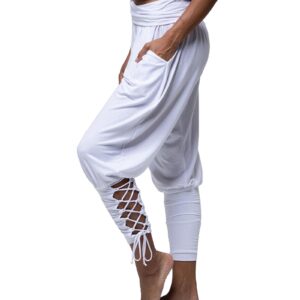 SOMTHRON Women's Casual High Waisted Harem Yoga Pants Loose Fit Lace Up Capris Leggings with Pockets WH-2XL White