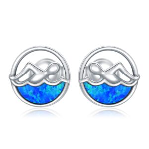 YAFEINI Opal Earrings Sterling Silver Swimming Stud Earrings Swim Jewelry for Women Swimmers