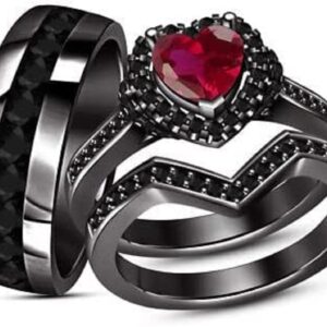 Aryan Jewels 2.30 Ct Heart & Round Cut Red Ruby & Black Diamond Trio Engagement Wedding Women's Ring Set 14k Black Gold Finish (7)