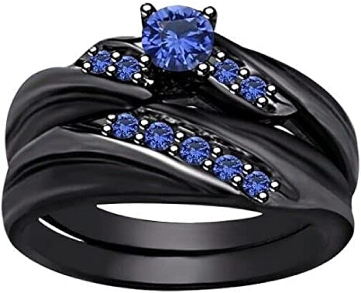 Aryan Jewels 2.10 Ct Round Cut Blue Sapphire Engagement Wedding Women's Bridal Ring Set 14k Black Gold Finish (9.5)