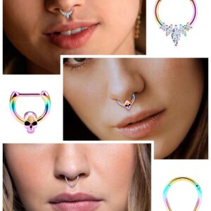 Vsnnsns 16G Septum Rings Piercing Jewelry Skull Septum Jewelry CZ Clicker Ring Stainless Steel Septum Hinged Segment Nose Rings Hoop Piercing Jewelry for Men Women 10mm Rainbow 9pcs