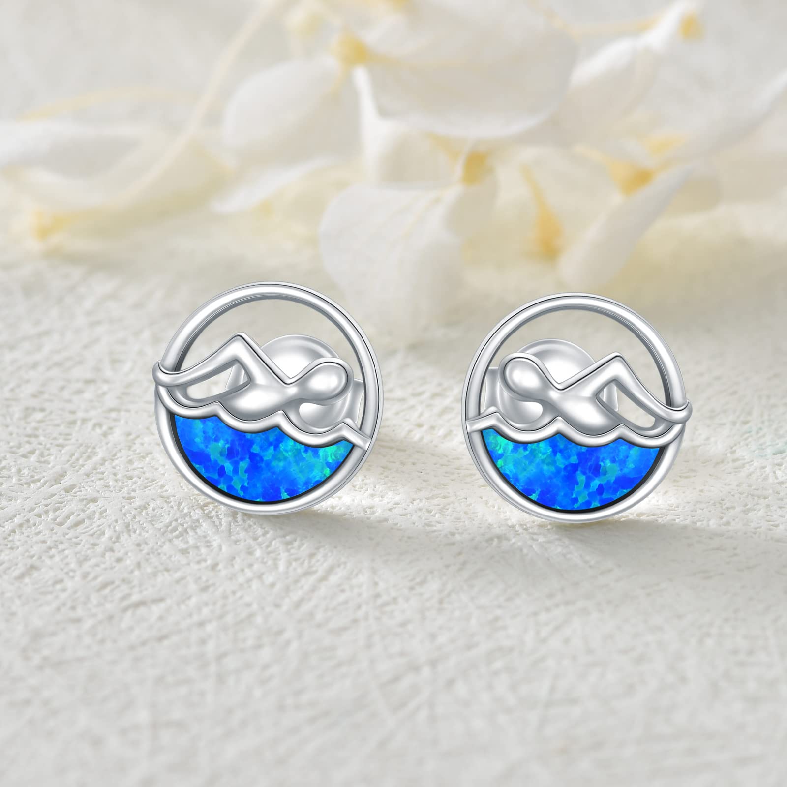 YAFEINI Opal Earrings Sterling Silver Swimming Stud Earrings Swim Jewelry for Women Swimmers