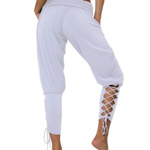 SOMTHRON Women's Casual High Waisted Harem Yoga Pants Loose Fit Lace Up Capris Leggings with Pockets WH-2XL White