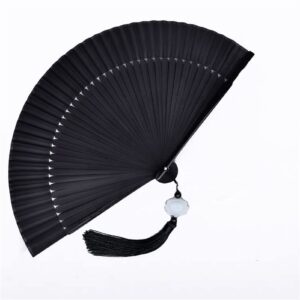 ran 8.3"(21cm) hand held folding fan with tassel, pocket purse hand fan ladys girls gifts, for dance, performance, decor (color : black, size : 8.3")