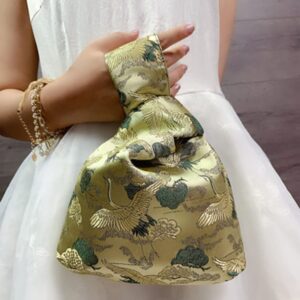 Damask Gold Fashion Art Japanese Kimono Pattern Wrist Bag Tote Handbag Knot Pouch Wallet Portable Purse for Women(Crane)