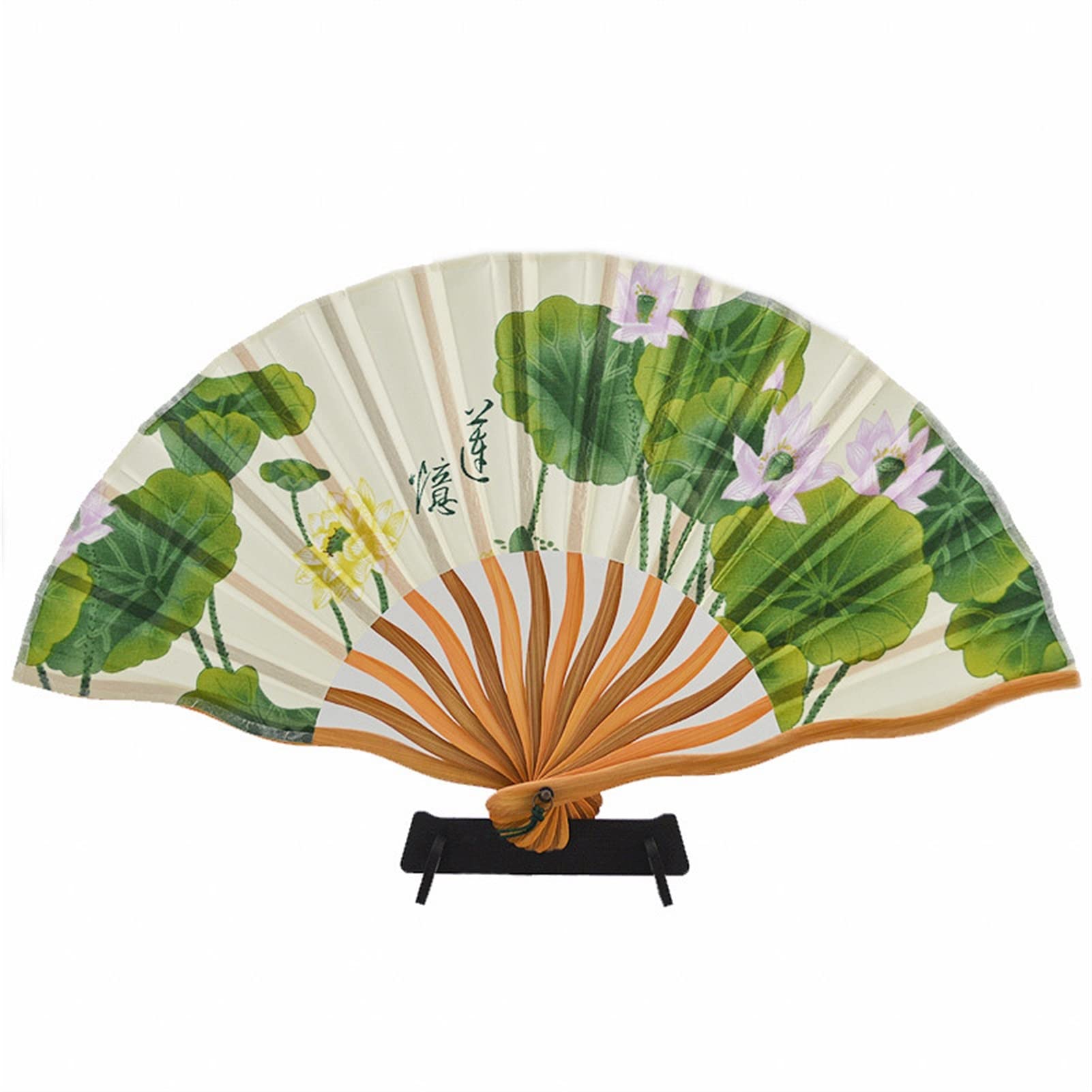 Small Summer Folding Fan, Women's Dance Fan, Lotus Pattern Silk Hand-Held Fan with Bamboo Ribs, Clothing Accessories (Color : Green, Size : 7.1")