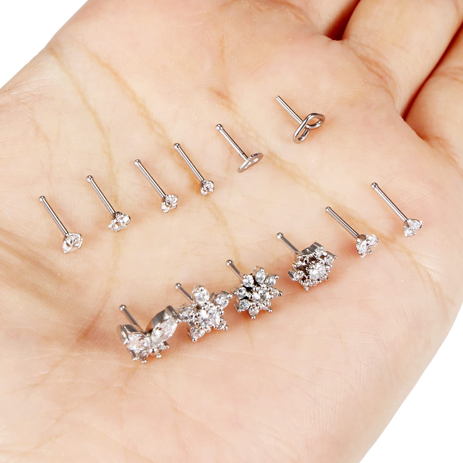 20G Flower Nose Rings for Women 316L Surgical Stainless Steel L Shaped Nose Studs Screw Bone butterfly Nose Rings Heart-Shaped Nose Studs Nostril Piercing Diamond CZ 2mm 2.5mm 3mm Silver 12pcs