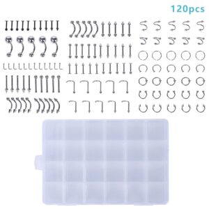 120 Pcs Piercing Jewelry With 24 Grid Storage Box Earring Hoops Lip Nose Rings Navel Rings Barbells Stainless Steel Jewelry Mixed Set 120 Pcs