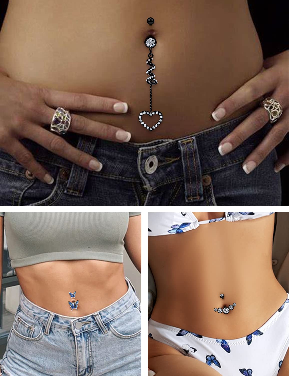 Vsnnsns 14G Belly Button Rings Belly Rings for Women Surgical Stainless Steel Skull Belly Piercing Jewelry Heart Butterfly Belly Button Ring Opal Navel Ring Barbell Body Jewelry Piercing Black