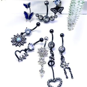 Vsnnsns 14G Belly Button Rings Belly Rings for Women Surgical Stainless Steel Skull Belly Piercing Jewelry Heart Butterfly Belly Button Ring Opal Navel Ring Barbell Body Jewelry Piercing Black