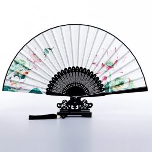 RAN Imitated Silk Fabric Folding Fan with Lotus Print, Elegant Woman Bamboo Folding Pocket Purse Hand Fan with Tassel (Color : Multi-Colored, Size : 9.1")