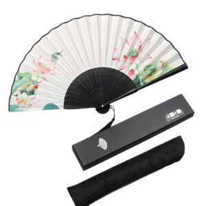 ran imitated silk fabric folding fan with lotus print, elegant woman bamboo folding pocket purse hand fan with tassel (color : multi-colored, size : 9.1")