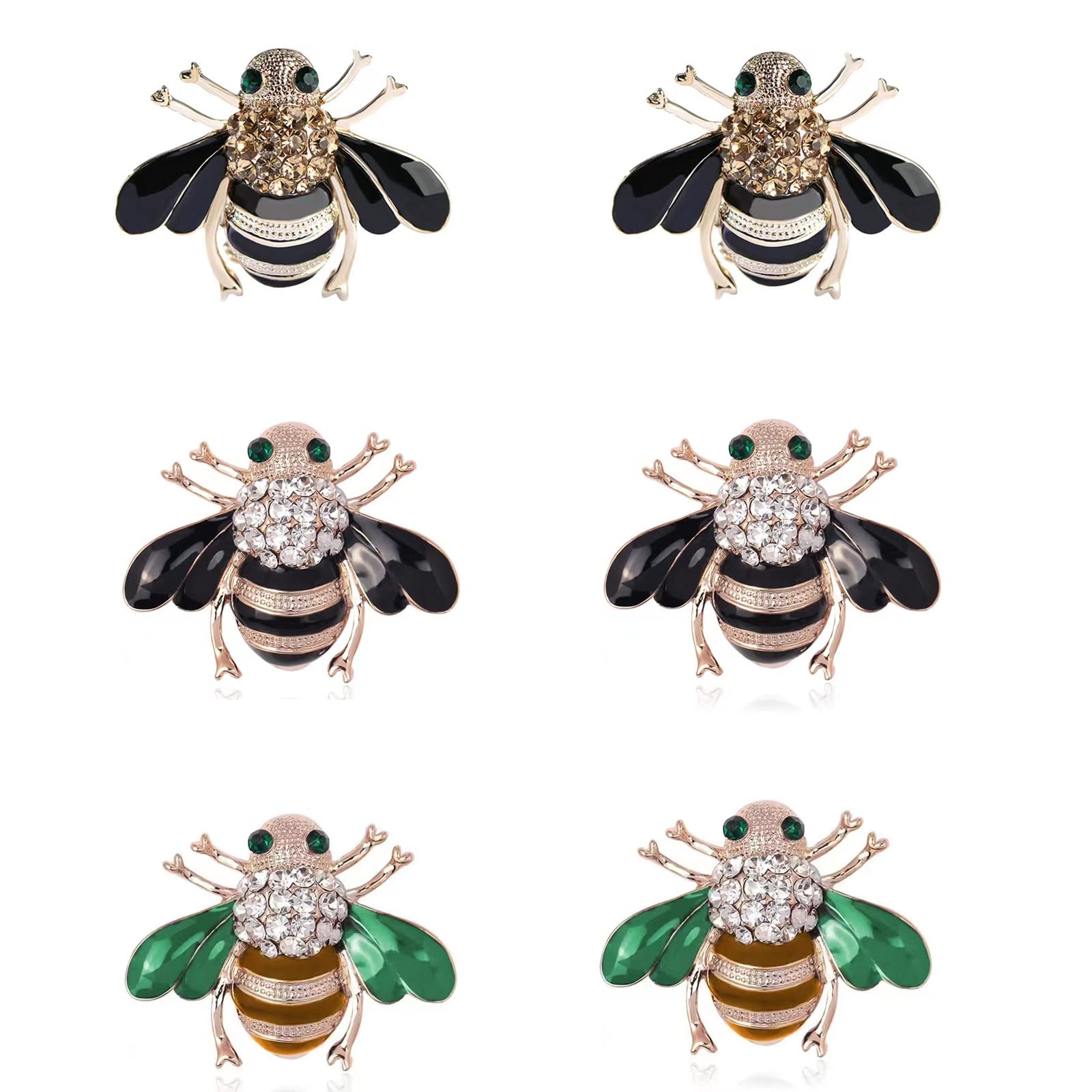 GOLDEN STRAWBERRY 6 PCS Honey Bee Brooches Lapel Pins Crystal Insect Themed Bee Brooches for Women ( 3 Colors)