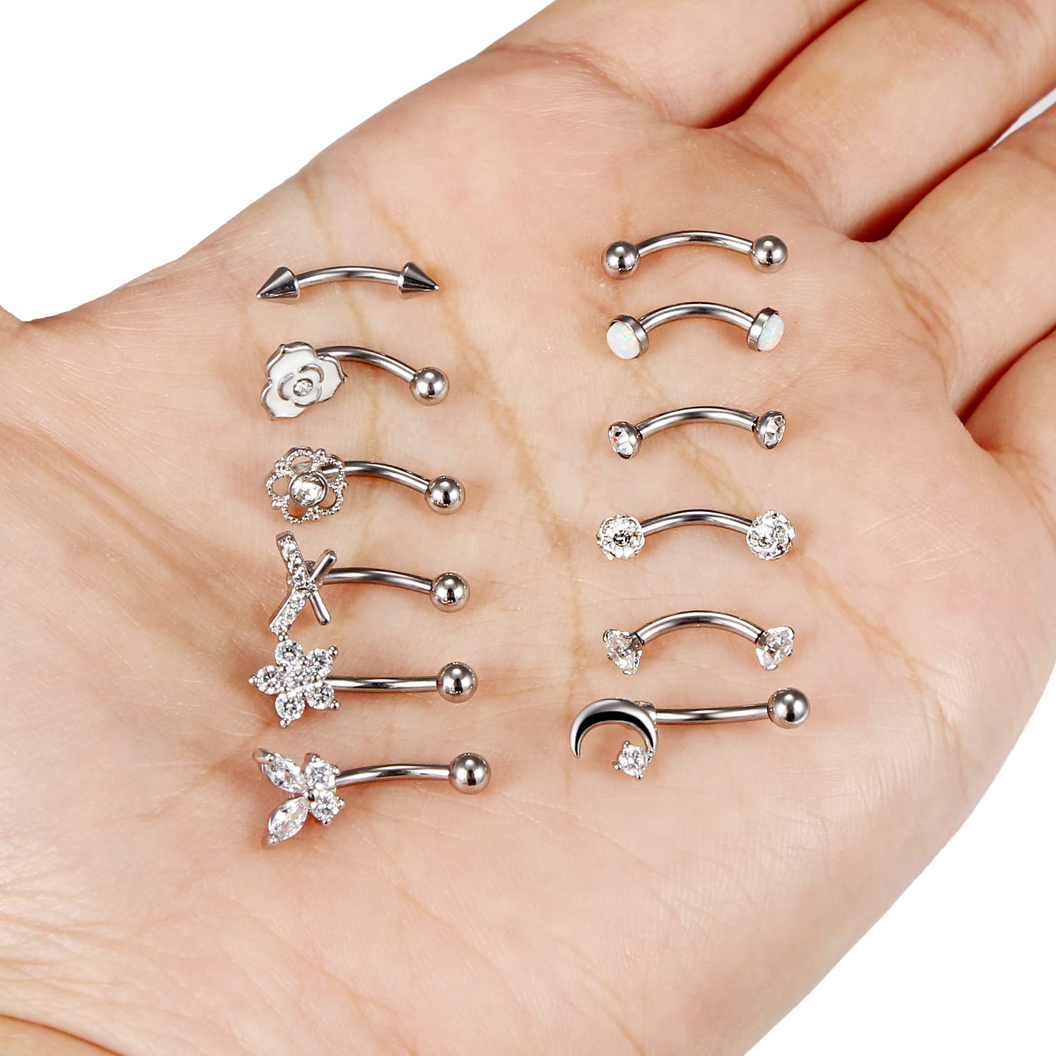 Vsnnsns 16G Rook Daith Piercing Jewelry Stainless Steel 8mm Curved Barbell Eyebrow Rings Helix Tragus Belly Lip Rings CZ Piercing Jewelry Cartilage Daith Rook Earrings for Women Men 12pcs Silve