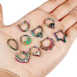 Vsnnsns 16G Septum Rings Piercing Jewelry Skull Septum Jewelry CZ Clicker Ring Stainless Steel Septum Hinged Segment Nose Rings Hoop Piercing Jewelry for Men Women 10mm Rainbow 9pcs