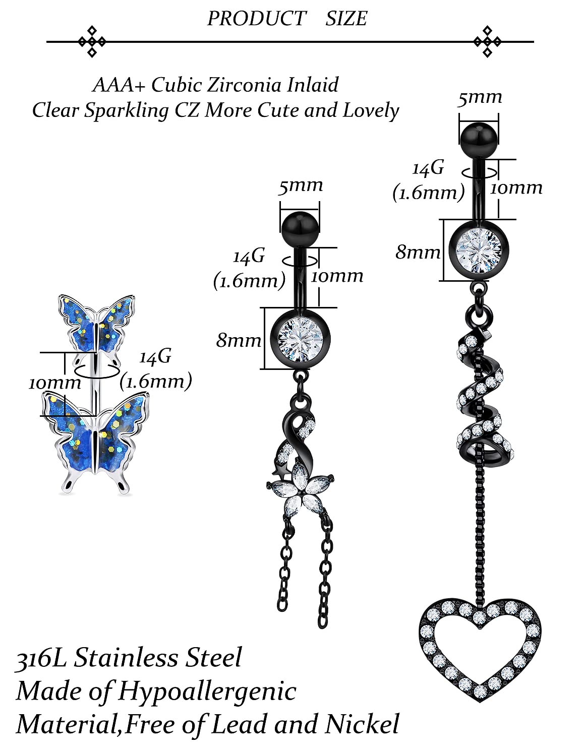 Vsnnsns 14G Belly Button Rings Belly Rings for Women Surgical Stainless Steel Skull Belly Piercing Jewelry Heart Butterfly Belly Button Ring Opal Navel Ring Barbell Body Jewelry Piercing Black