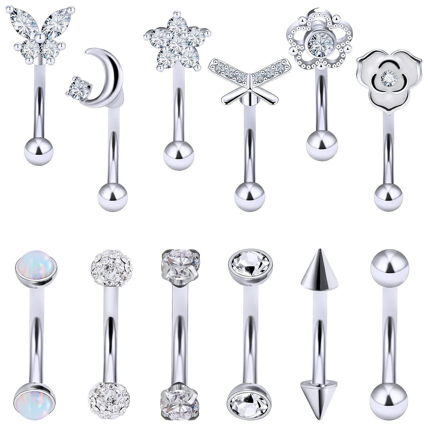 Vsnnsns 16G Rook Daith Piercing Jewelry Stainless Steel 8mm Curved Barbell Eyebrow Rings Helix Tragus Belly Lip Rings CZ Piercing Jewelry Cartilage Daith Rook Earrings for Women Men 12pcs Silve