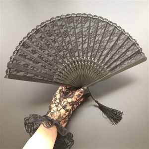 RAN 8.7" Lace Floral Folding Hand Fans - Womens Handmade Black Imitated Silk Fabric Lace Hand Fan, Bamboo Folded Fans (Color : Black, Size : 8.7")