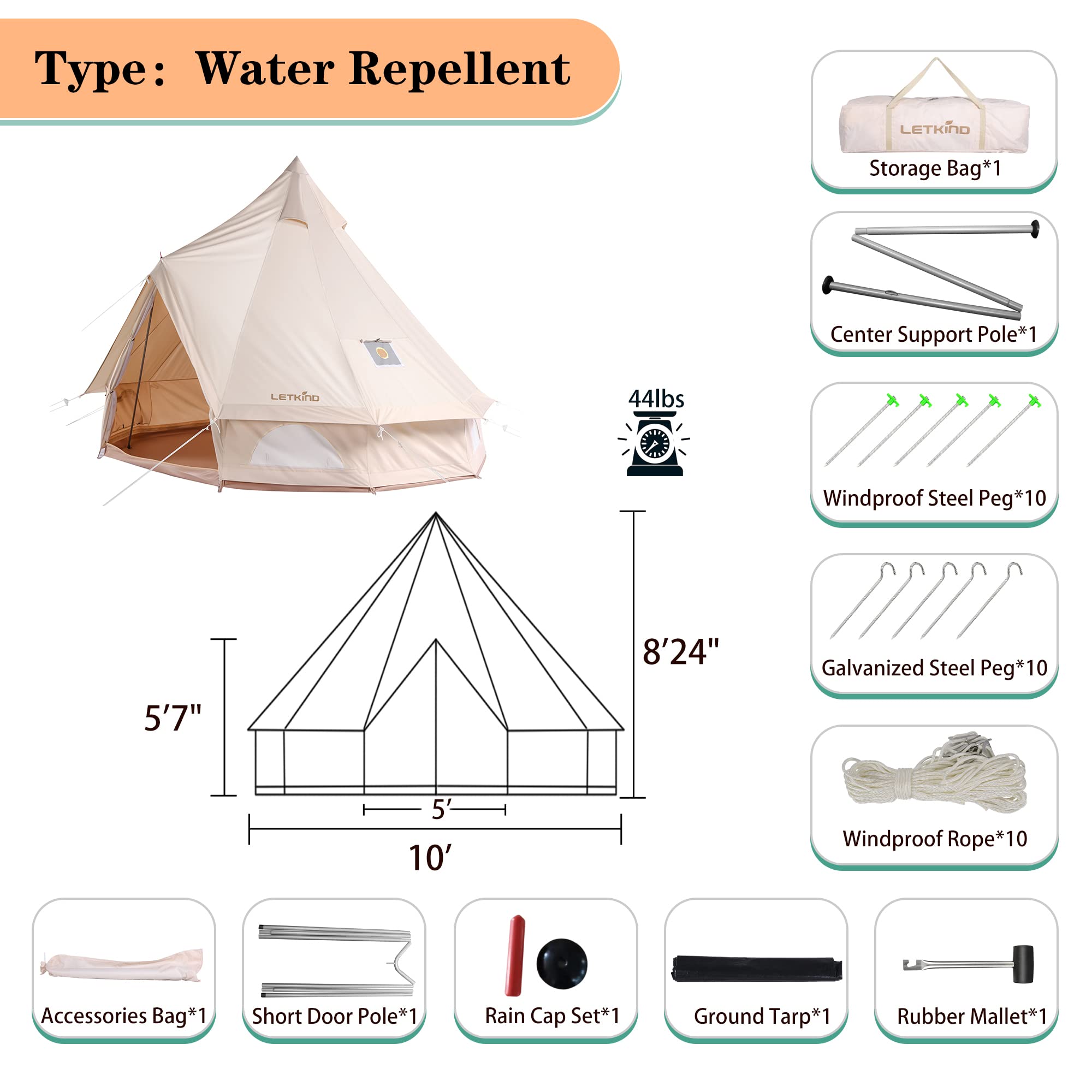 LETKIND Canvas Tent with Stove Jack, 4 Season Waterproof Camping Tent 4/6 Person Luxury Outdoor Glamping Yurt for Camping, Cotton Bell Tent for Winter Camping for Hunting Party