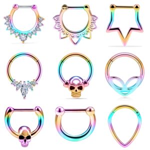 Vsnnsns 16G Septum Rings Piercing Jewelry Skull Septum Jewelry CZ Clicker Ring Stainless Steel Septum Hinged Segment Nose Rings Hoop Piercing Jewelry for Men Women 10mm Rainbow 9pcs