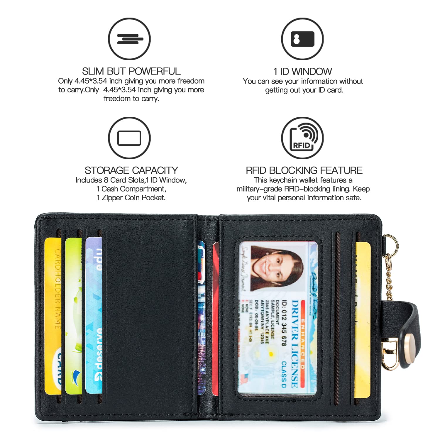 POIUGOYA Slim Wallet for Women, Leather Bifold RFID Blocking Credit Card Holder with Keychain, Zipper Coin Pocket & ID Window