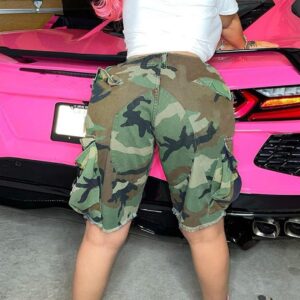 Vakkest Women's Camo Cargo Pants High Waist Slim Fit Trousers Camouflage Active Jogger Pocket Sweatpants with Belt