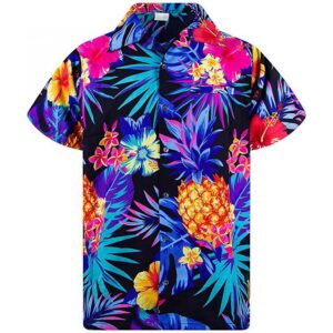 Hawaii Hawaiian T-Shirt for Womens Printed Short Sleeve Shirts Button Down Collared Loose Blouse Beach Casual Summer Tops Tee T Tshirt Vacation Holiday Friday Hula Tiki Luau Party Pineapple Blue