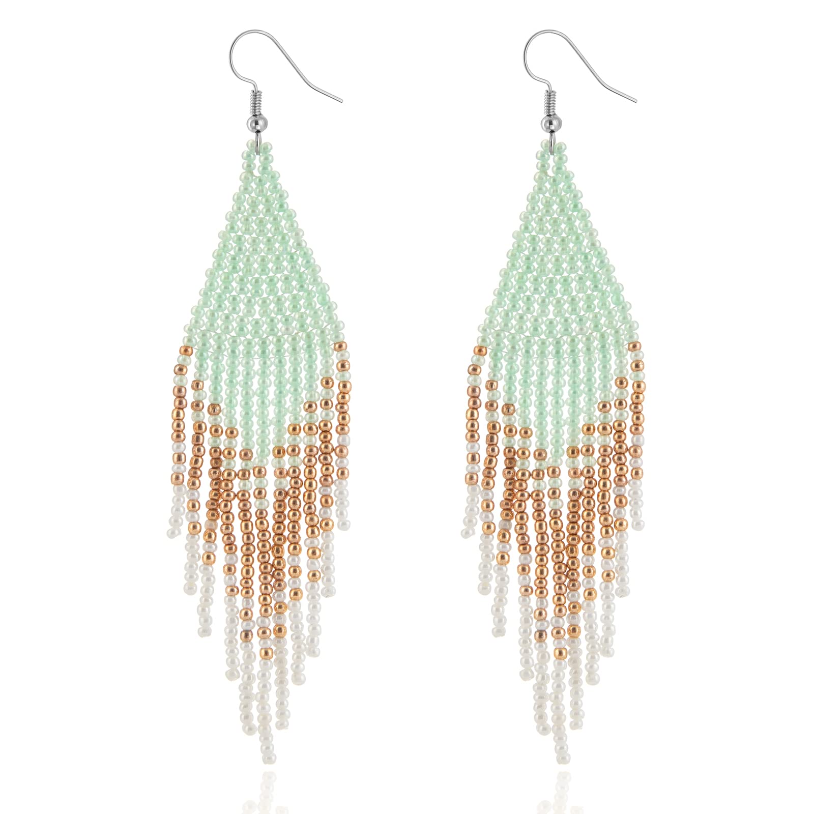 Native Beaded Tassel Earrings Boho - Handmade Seed Bead Statement Fringe Drop Earrings for Women Dangling (Light Green)