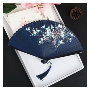 Wooden Navy Blue Folding Fan with a Tassel, Portable Bamboo Rids Folded Fan, Chinese Style Handmade Small Dance Fan (Color : Blue, Size : 7.3")