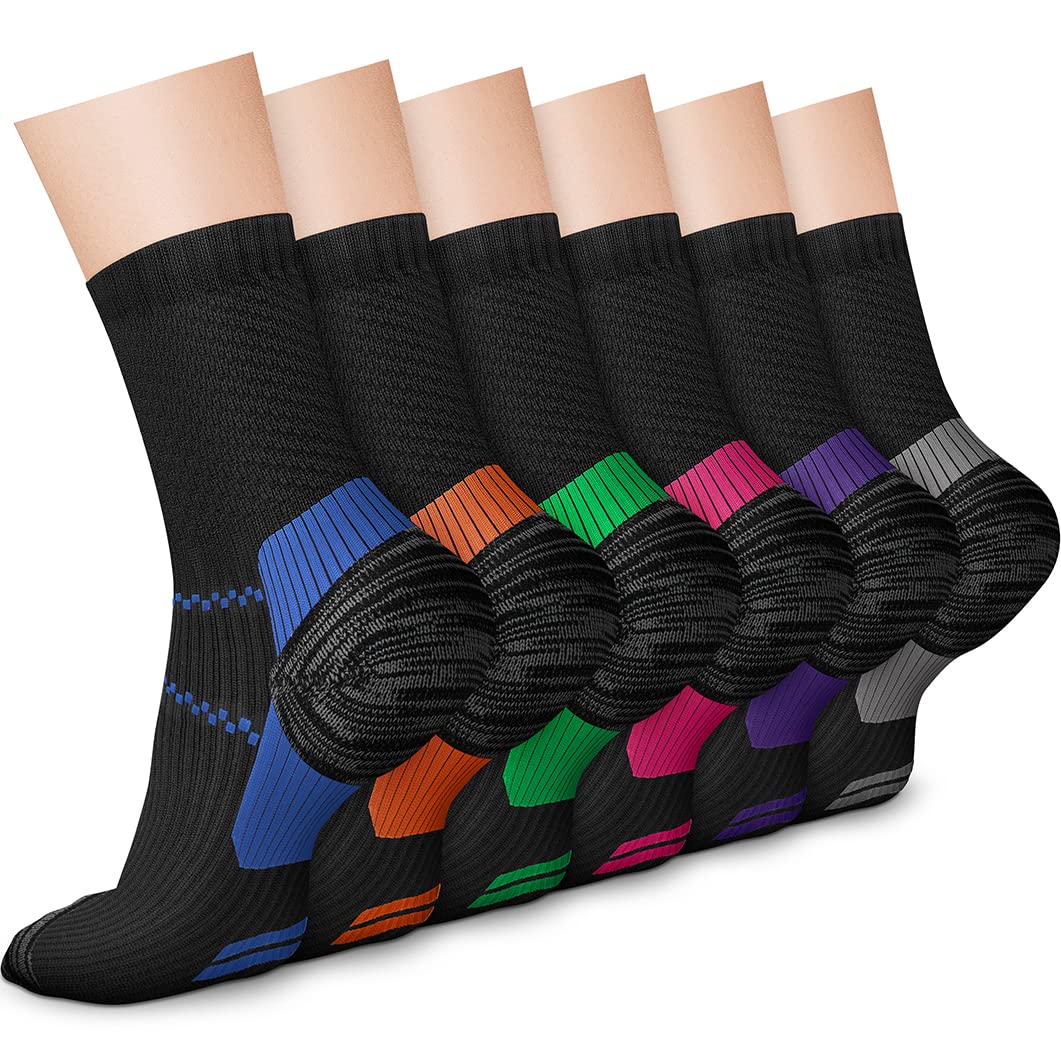 CHARMKING 6 Pairs Crew Compression Socks for Women & Men Circulation 15-20 mmHg is Best for All Day Wear Running Nurse (S/M, Black Multicolor)