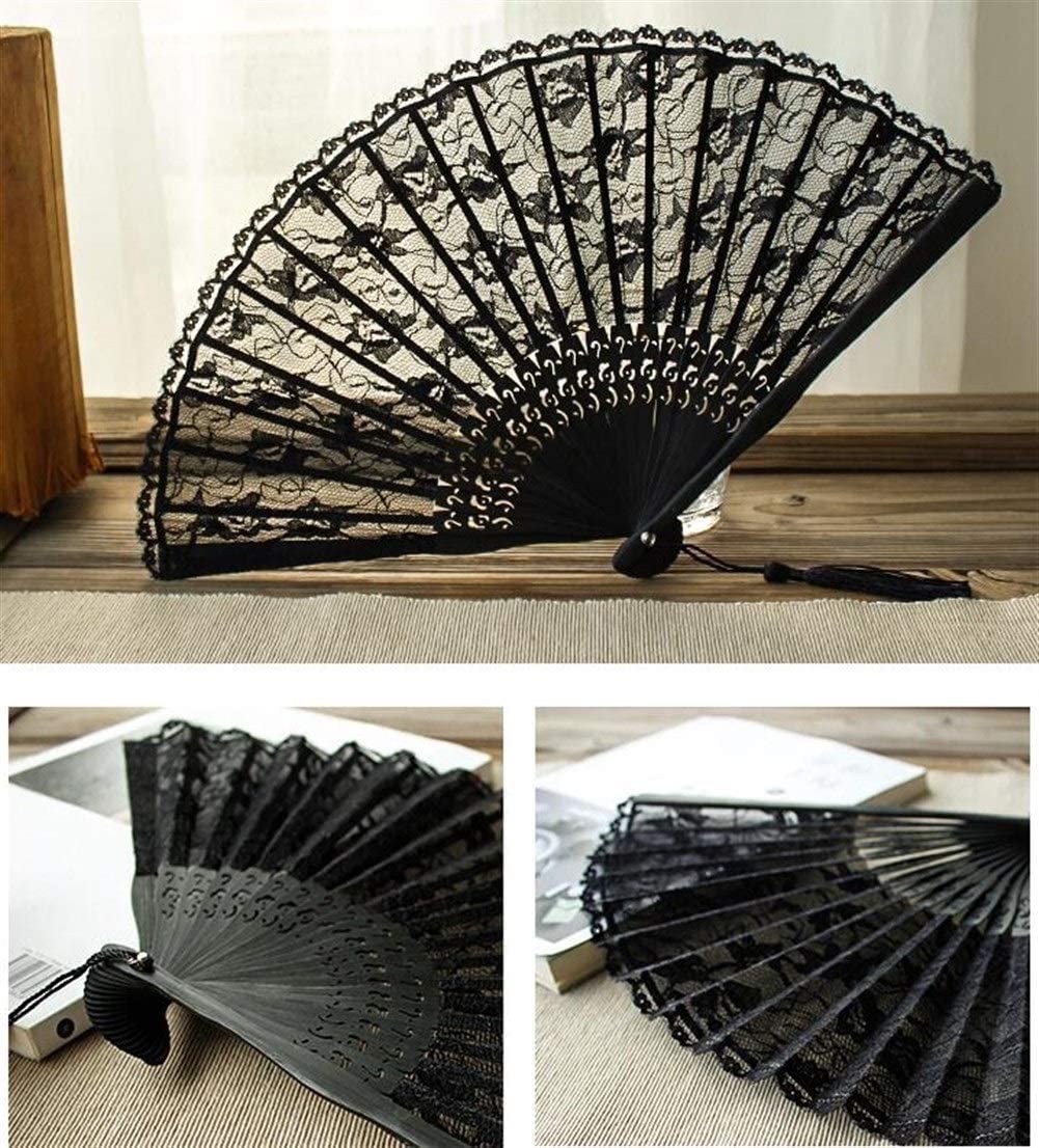 RAN 8.7" Lace Floral Folding Hand Fans - Womens Handmade Black Imitated Silk Fabric Lace Hand Fan, Bamboo Folded Fans (Color : Black, Size : 8.7")