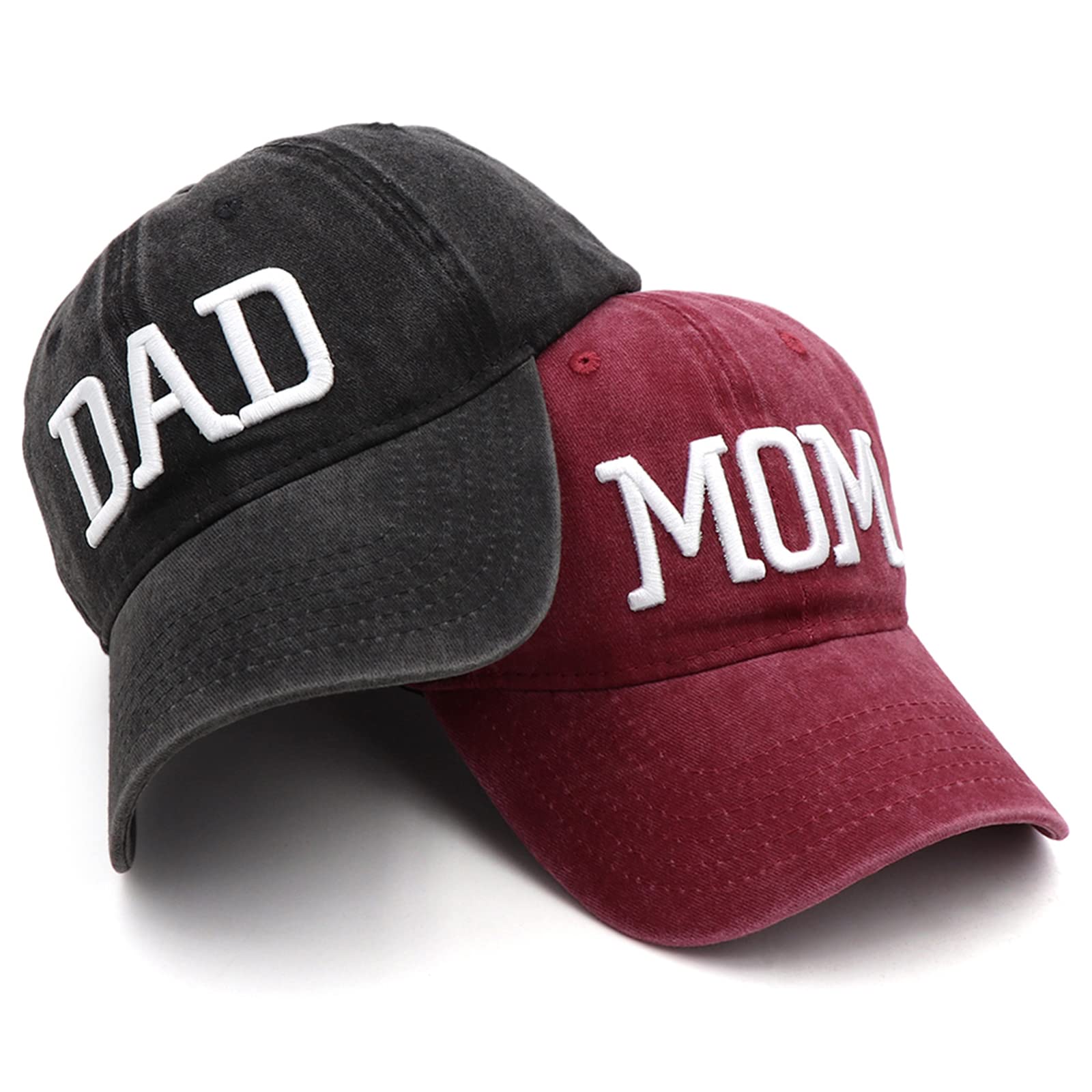 Hiwelove Mom and Dad Hats Fathers Day Mom Dad Gifts Hat Embroidered Adjustable Distressed Baseball Caps Gift for Couples Parents