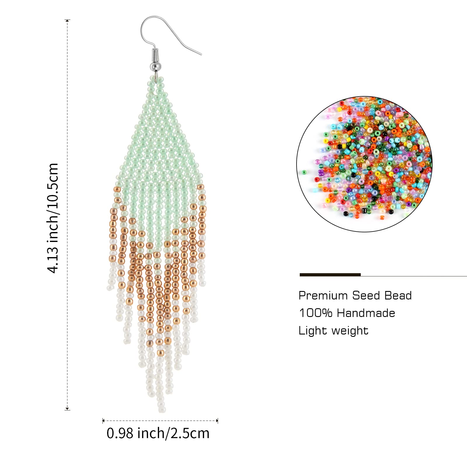 Native Beaded Tassel Earrings Boho - Handmade Seed Bead Statement Fringe Drop Earrings for Women Dangling (Light Green)