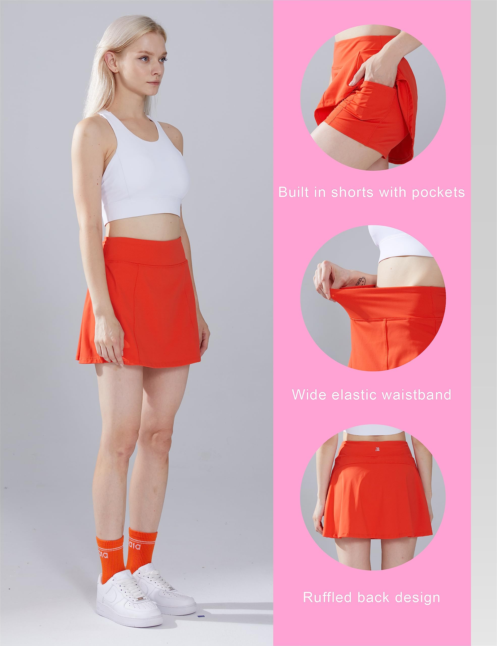 1a1a Tennis Skirts for Women with Shorts Pockets High Waisted Tummy Control Golf Skorts Skirt Athletic Workout Sports Gym Exercise Short Skirt Skort Orange Small