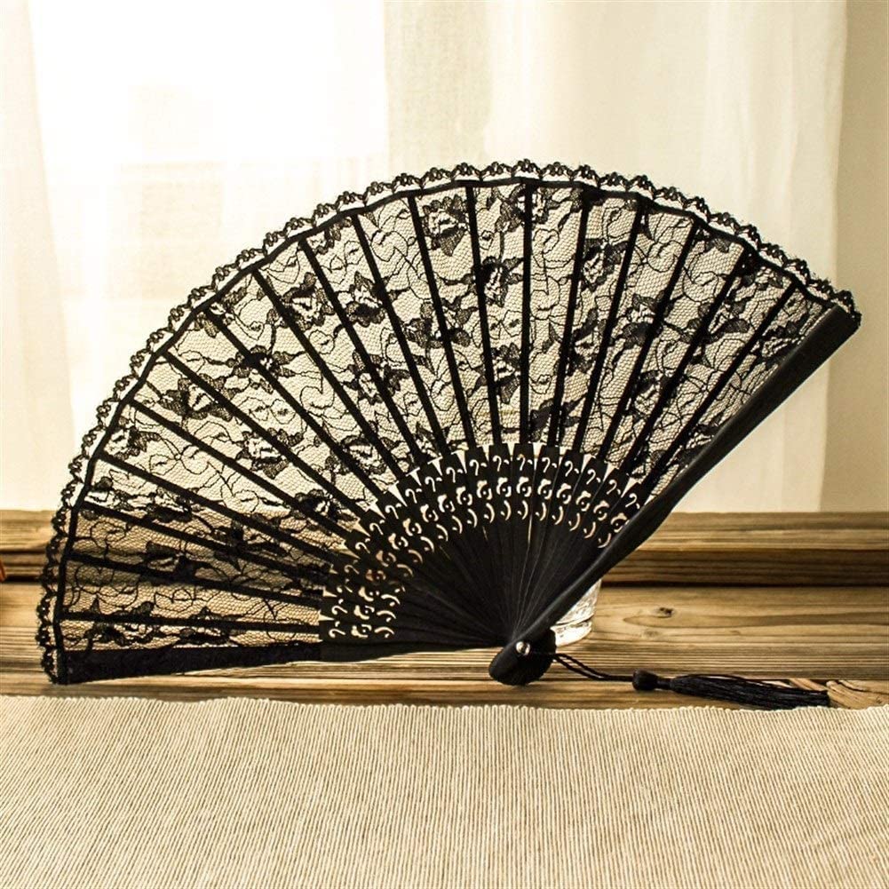 RAN 8.7" Lace Floral Folding Hand Fans - Womens Handmade Black Imitated Silk Fabric Lace Hand Fan, Bamboo Folded Fans (Color : Black, Size : 8.7")