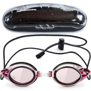 proswims anti-fog swim goggles for women & girls pink goggles with bungee strap, hard case & cloth, racing swimming goggles women