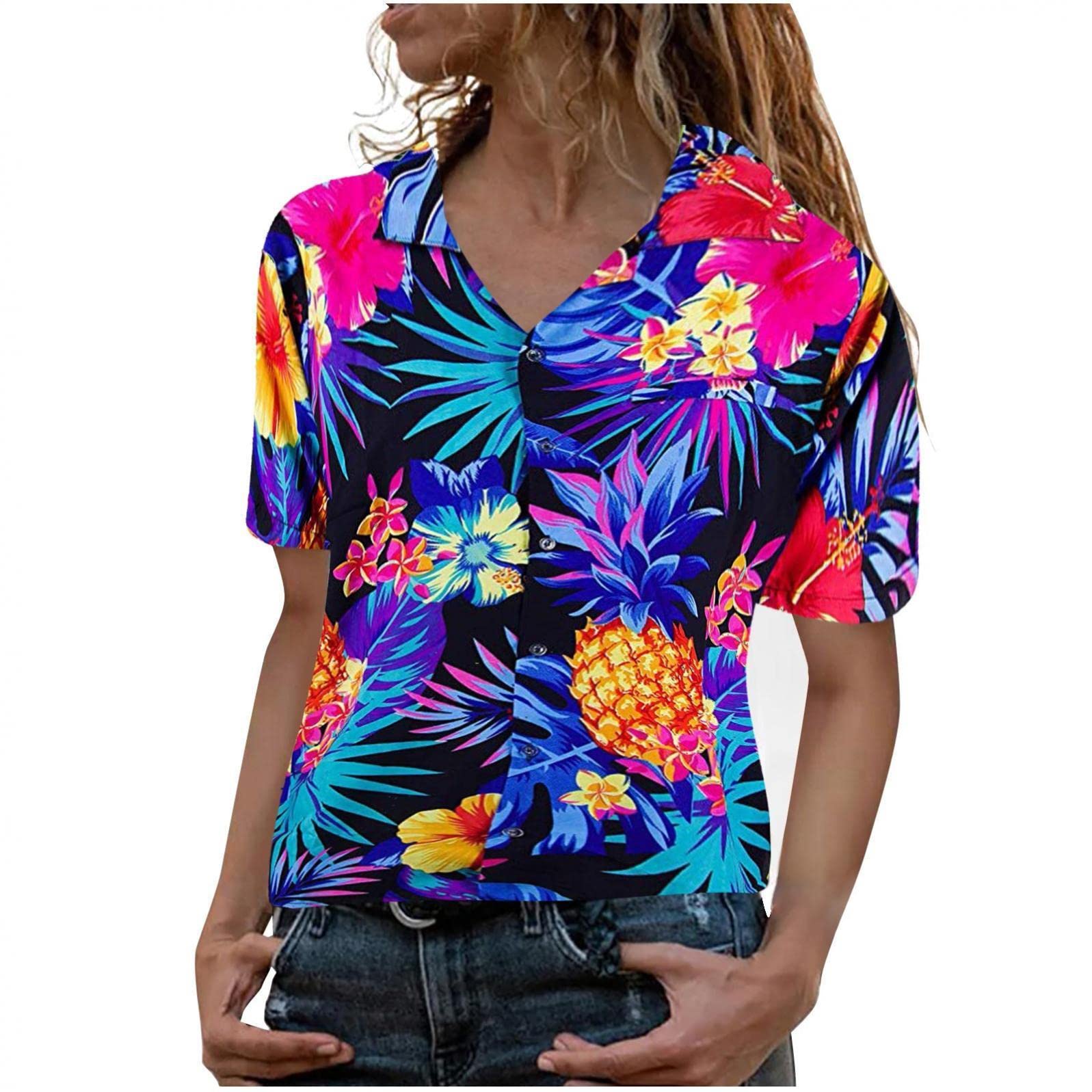 Hawaii Hawaiian T-Shirt for Womens Printed Short Sleeve Shirts Button Down Collared Loose Blouse Beach Casual Summer Tops Tee T Tshirt Vacation Holiday Friday Hula Tiki Luau Party Pineapple Blue