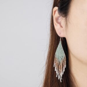 Native Beaded Tassel Earrings Boho - Handmade Seed Bead Statement Fringe Drop Earrings for Women Dangling (Light Green)