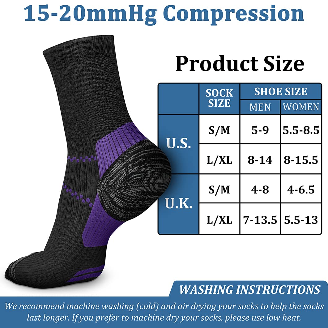 CHARMKING 6 Pairs Crew Compression Socks for Women & Men Circulation 15-20 mmHg is Best for All Day Wear Running Nurse (S/M, Black Multicolor)