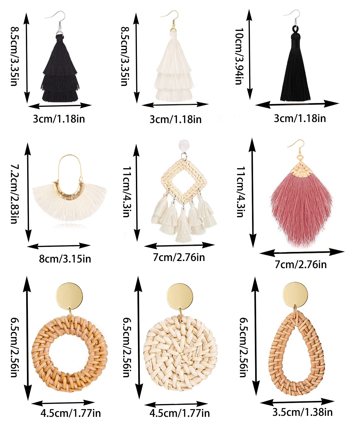 TOSGMY 9-12 Pairs Rattan Earrings for Women Handmade Boho Tassel Earrings Lightweight Acrylic Earrings Set (D)