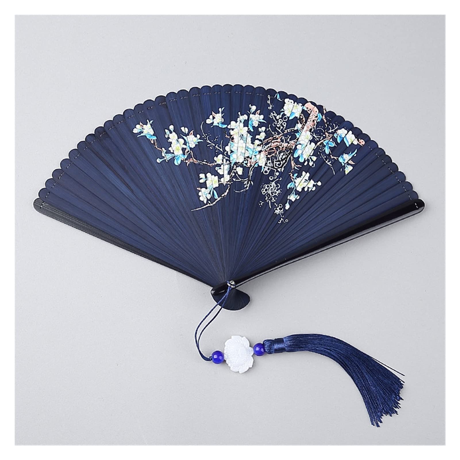 Wooden Navy Blue Folding Fan with a Tassel, Portable Bamboo Rids Folded Fan, Chinese Style Handmade Small Dance Fan (Color : Blue, Size : 7.3")