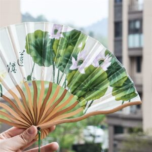 Small Summer Folding Fan, Women's Dance Fan, Lotus Pattern Silk Hand-Held Fan with Bamboo Ribs, Clothing Accessories (Color : Green, Size : 7.1")