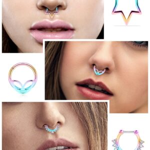 Vsnnsns 16G Septum Rings Piercing Jewelry Skull Septum Jewelry CZ Clicker Ring Stainless Steel Septum Hinged Segment Nose Rings Hoop Piercing Jewelry for Men Women 10mm Rainbow 9pcs