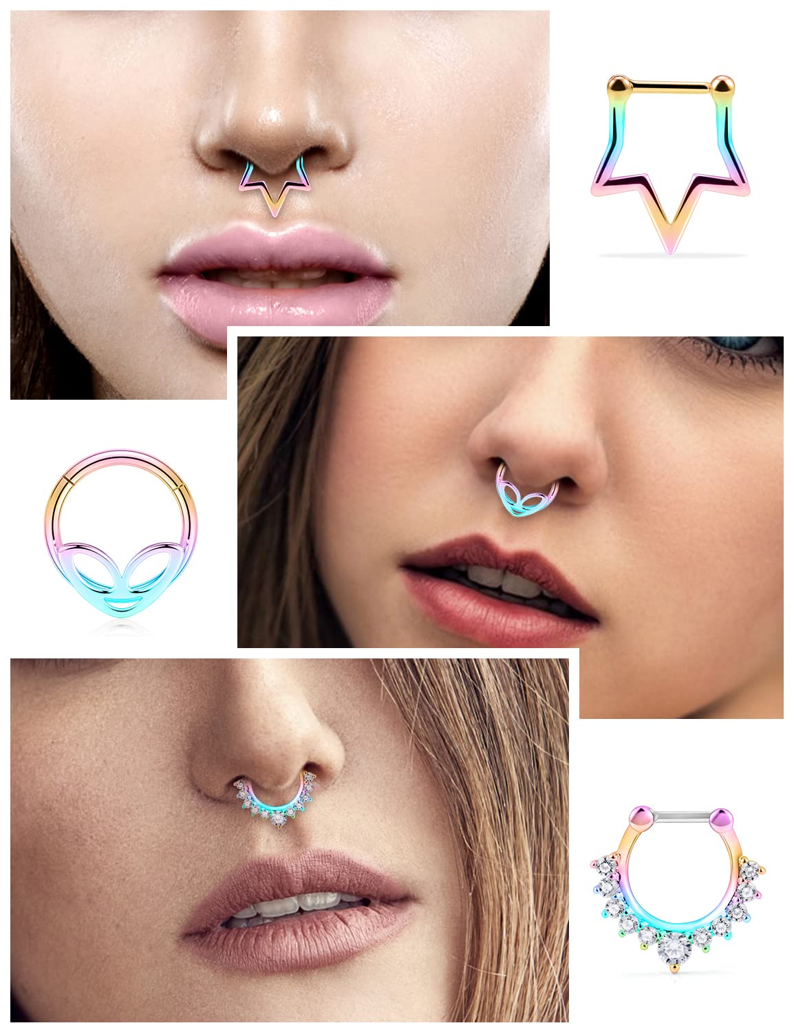 Vsnnsns 16G Septum Rings Piercing Jewelry Skull Septum Jewelry CZ Clicker Ring Stainless Steel Septum Hinged Segment Nose Rings Hoop Piercing Jewelry for Men Women 10mm Rainbow 9pcs