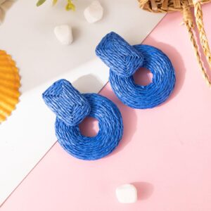 ATIMIGO Royal Blue Handmade Statement Raffia Earrings Cute Boho Rattan Dangle Earrings Lightweight Straw Wrap Summer Drop Dangling Earrings for Women